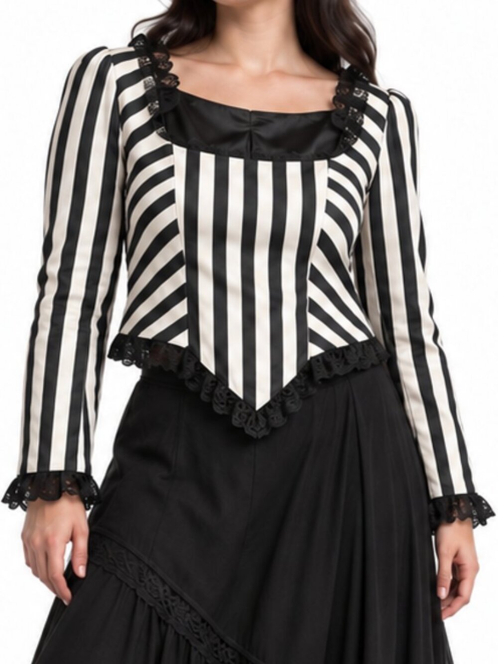 Victorian Choice Black White Striped Gothic Lace Corset Blouse Size Medium
